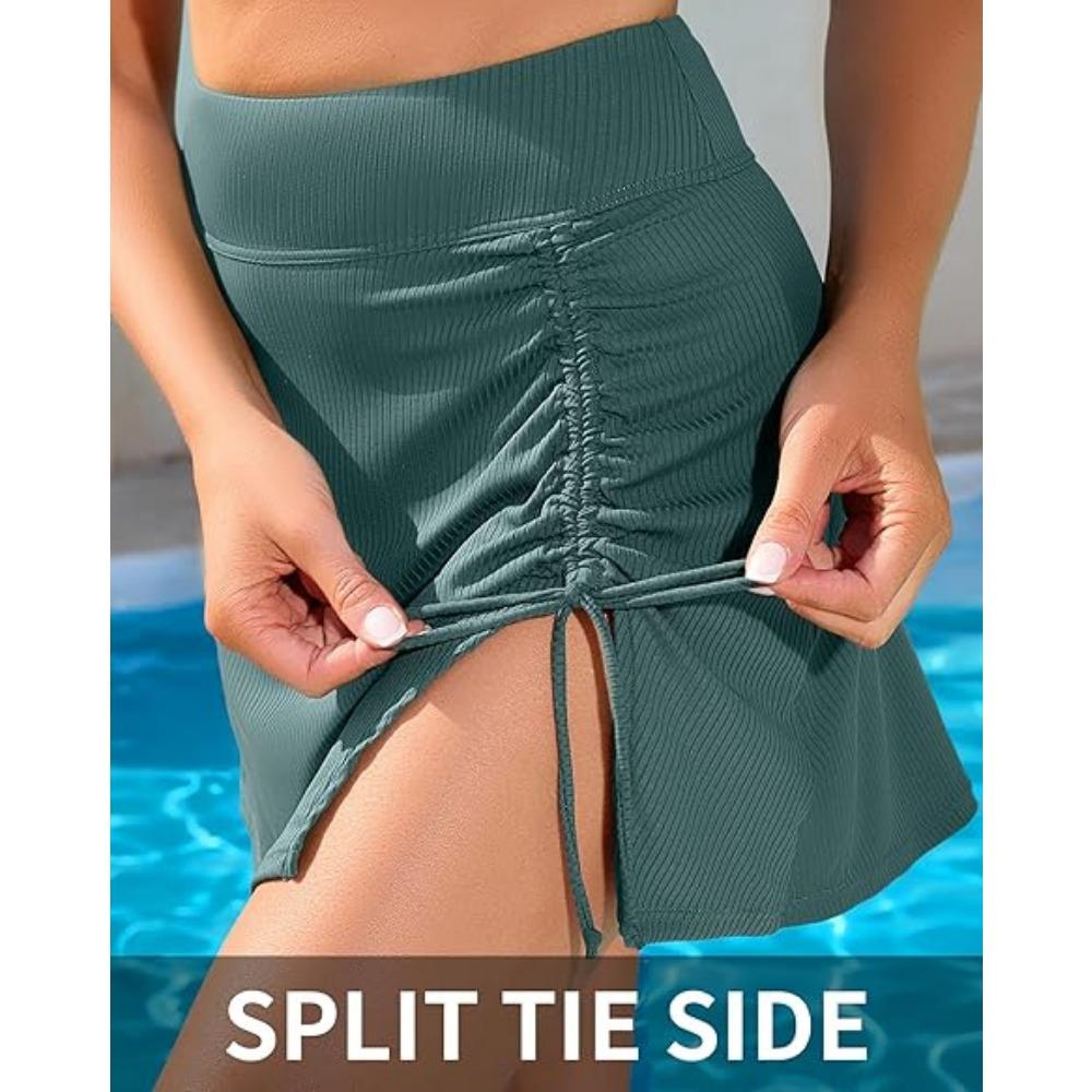 CHARMLEAKS Damskie dwuczęściowe komplety bikini z wysokim stanem i spódniczką kontrolujące brzuch, prążkowane, sportowe bikini, strój kąpielowy 2025