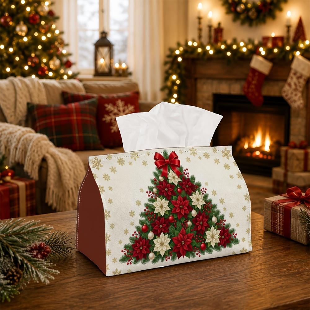 1pc Classic Festive Tissue Box - Poinsettia Pine Tree Napkin Storage Box, Suitable for Rolls/facial Tissues,multi-functional Storage Box for Warm Chri