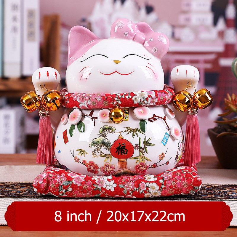 Cartoon Maneki Neko Ornament Ceramic Lucky Cat Figurine Pink BOW-TIE Fortune Cat Statue Home Decorative Money Box Piggy Bank