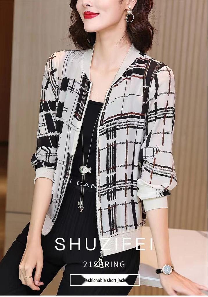 Women's Chiffon Baseball Jacket - Summer 2026 - Printed Long Sleeve Loose Sun Protection Shirt/Cardigan