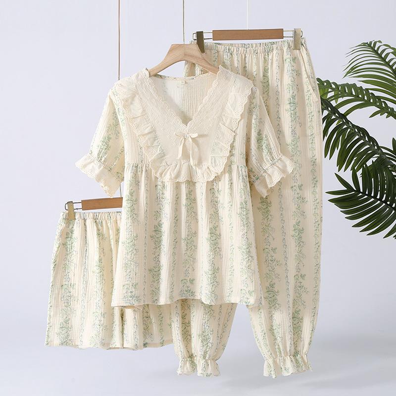 Three-piece Pajamas Pure Cotton Summer Women's Thin Loose French Four-season Wear Short-sleeved Trousers Loungewear Set