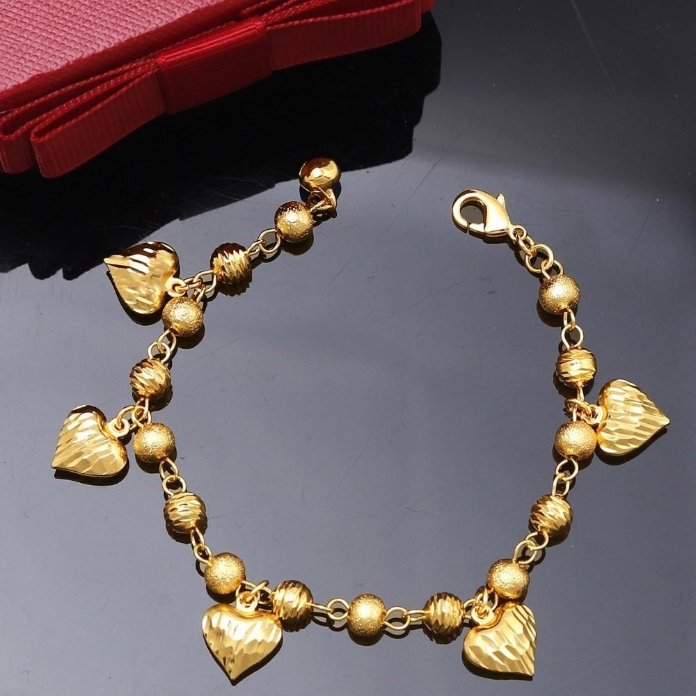 Elegant Heart Charm Hand Chain Heart-shaped Bell Jewelry Gold Pendant Bracelets 4mm Width Gifts Multi Bead Cuban Chain Women