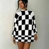 Women's 3D Pink Grey Plaid Print Mock Neck Long Sleeve Dress, Raglan Sleeve Fake Two Piece Mini Dress