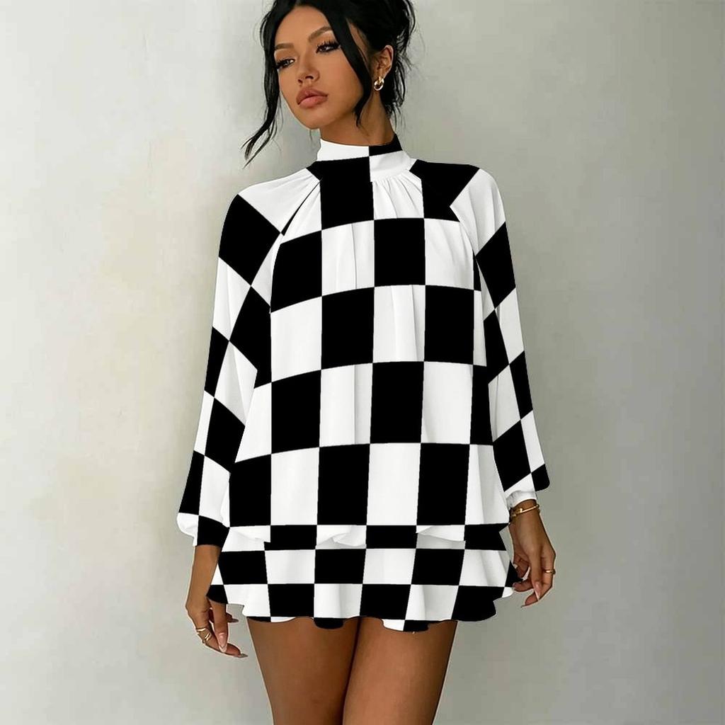 Women's 3D Pink Grey Plaid Print Mock Neck Long Sleeve Dress, Raglan Sleeve Fake Two Piece Mini Dress