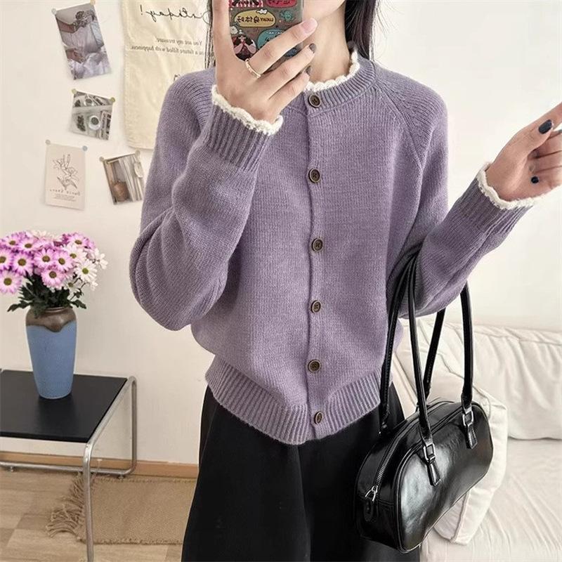 Autumn Winter Lace stitching Knitted Sweater Short Cardigan jacket Loose Crew Neck korean Fashion solid Sweaters for youth Women