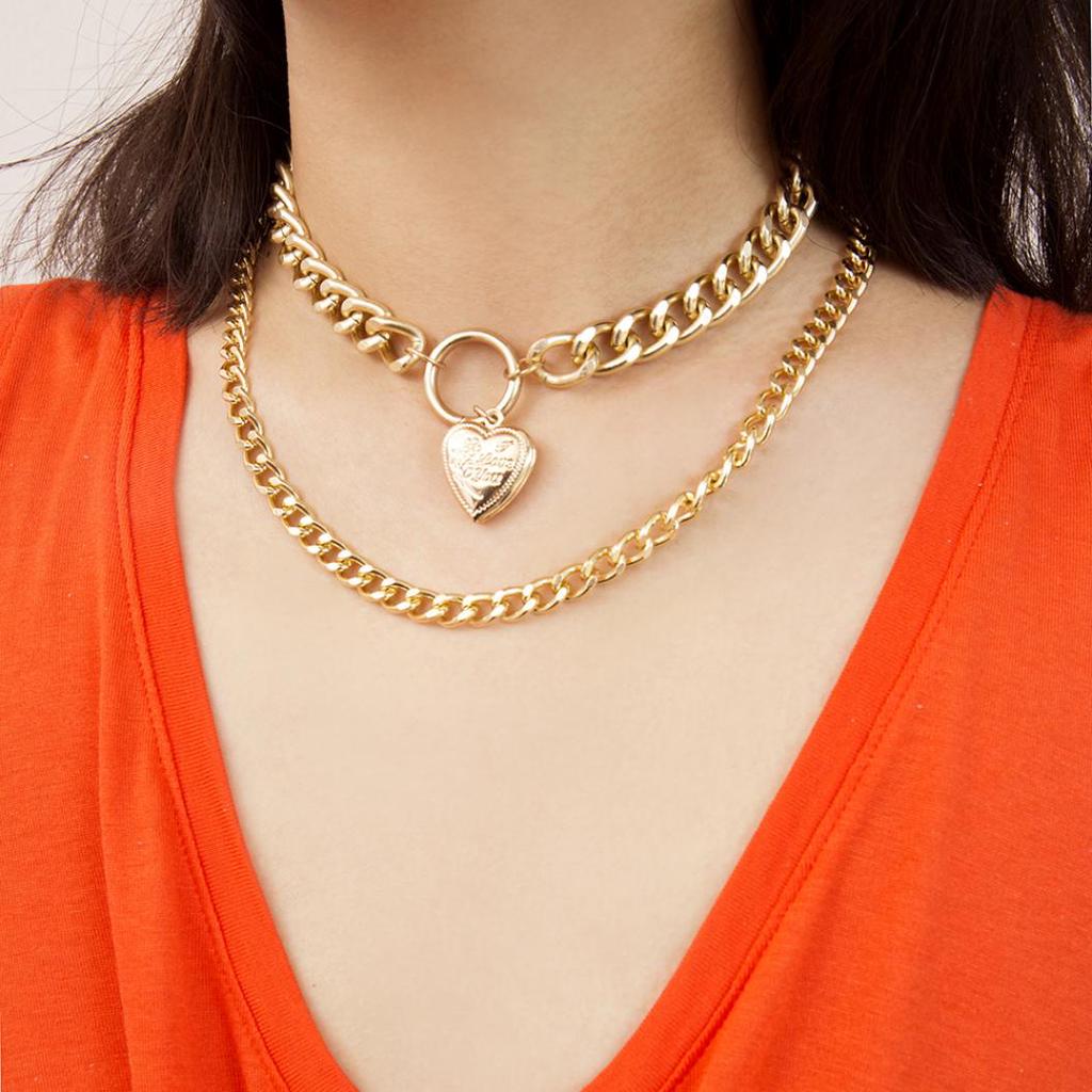 Punk Double Layer Love Herz Anhänger Dicke Panzerkette Choker Halskette Schmuck