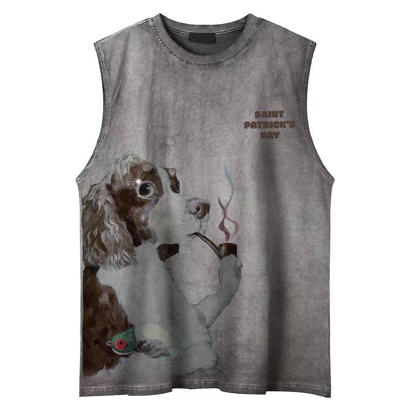 American Retro Scrawled Pipe Puppy Printed Sleeveless Vest for Men and Women Can Wear Trendy Brand Loose Couple Vest Top
