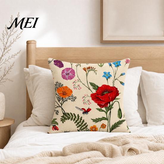 Cotton Linen Pillowcase Floral Cushion Cover, 18x18 Inch Decorative Throw Pillow Cover with Hidden Zipper, Breathable Plant Insect Flower Patterns,