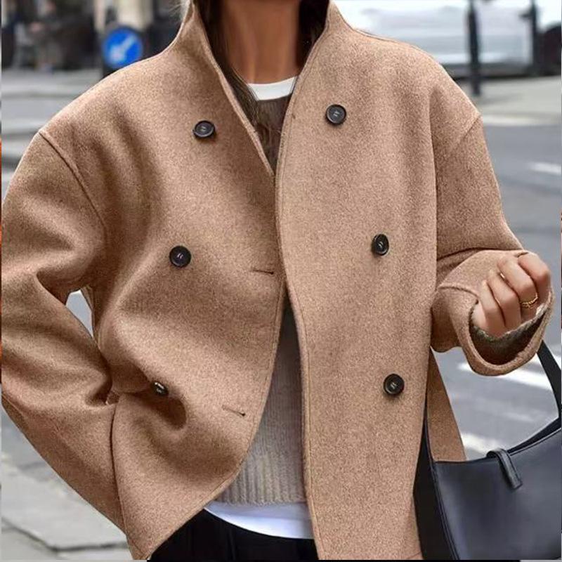 2025 Women's Double-Breasted Solid Wool Coat - Casual British Style