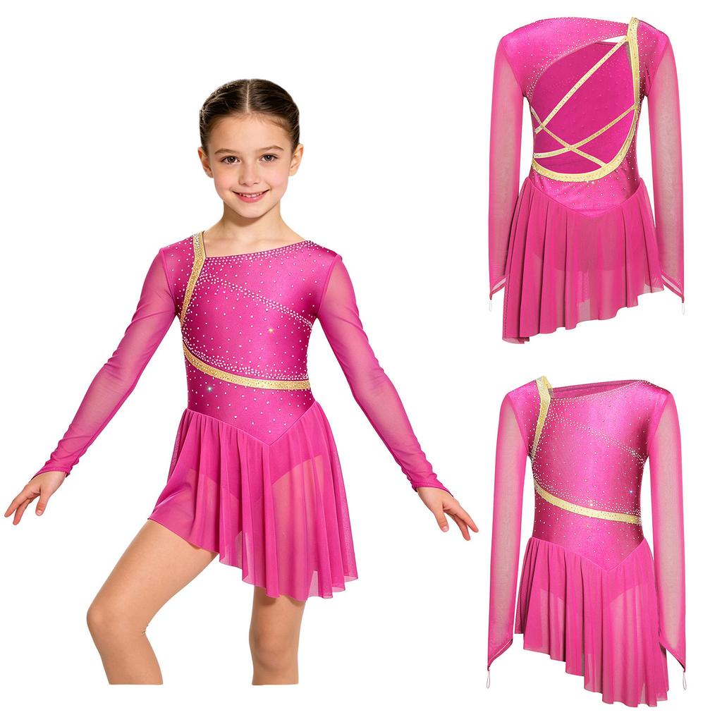 Eiskunstlauf-Kleid für Kinder: Langarm Netz Strass Asymmetrischer Body mit integriertem Höschen & Träger-Rücken