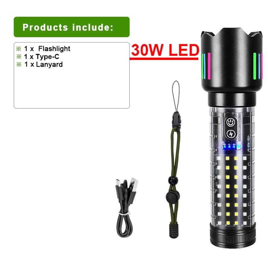 High Power Rechargeable LED Flashlight 90000LM Super Bright 30W LED Torch Light With COB Lights Built-in Battery Camping Lamp