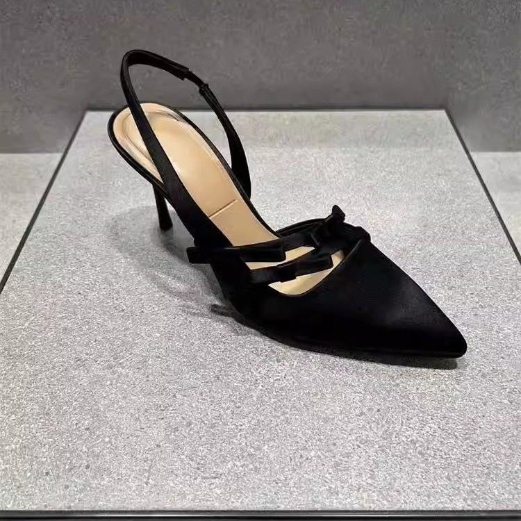 

Baotou Sandals Women s 2025 Spring and Summer New Satin High Heel Design Sense Thin Heel Bow Fairy Wind Empty Single Shoes 34 чёрный