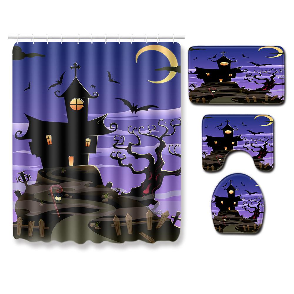 Halloween Shower Curtain Floor Mat Combination Four-Piece Set Bathroom Toilet Carpet Door Mat