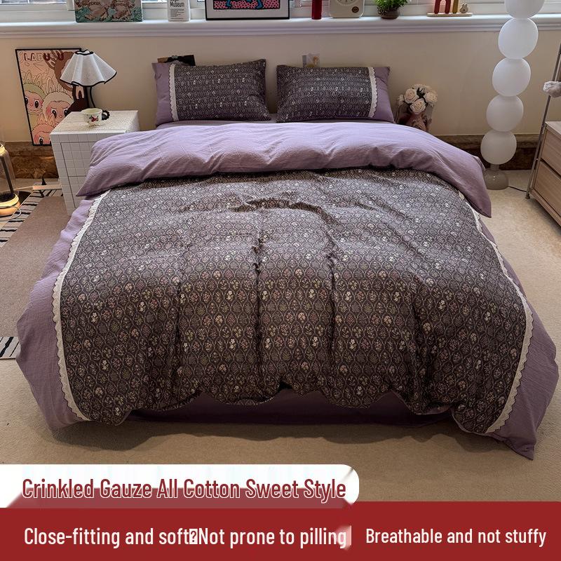 Korean Soft Crinkled Gauze Lace 4-Piece Bedding Set