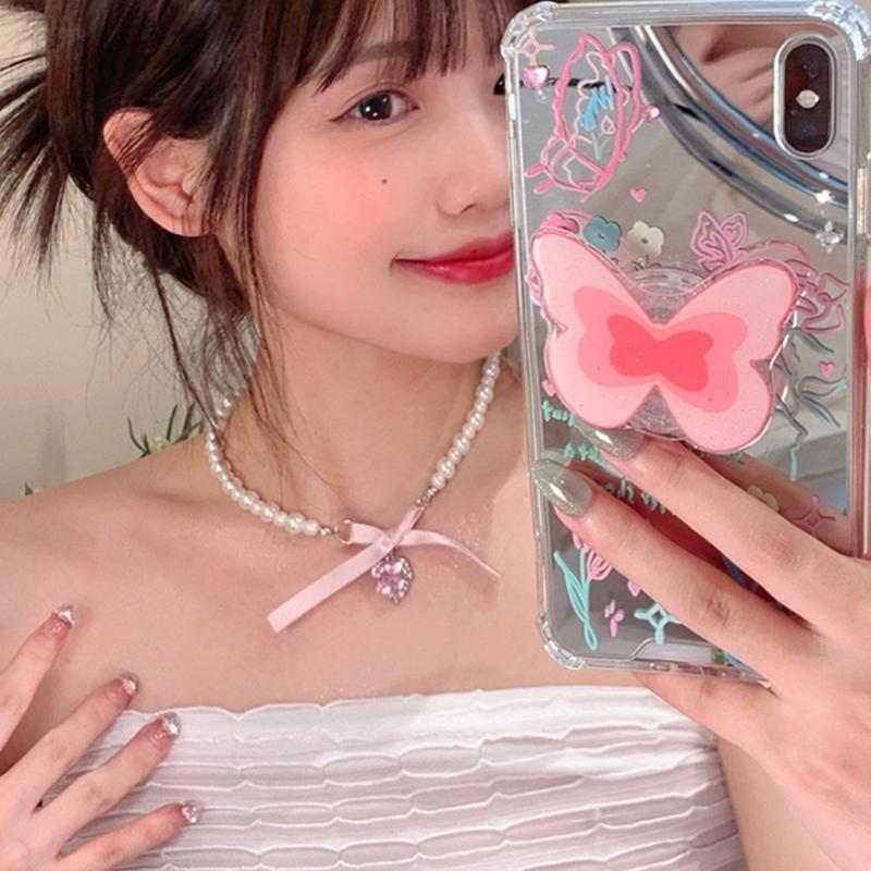 Sweet Pink Heart Necklace with Imitation Pearl Elegant Heart Cross Choker Clavicle Chain for Women Teen Fashion Jewelry