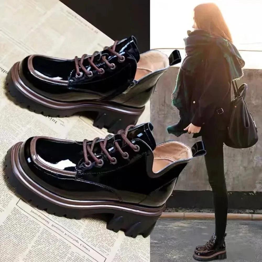 Shoes for Women 2024 Autumn Winter New Chunky Heel Platform Lace-up Women's Boots Fashionable Round Toe Zipper Motorcycle Boots