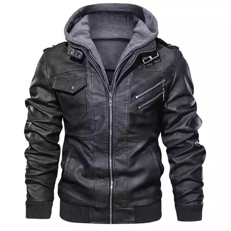 Youth Black Leather Jacket with Stand Collar and Zipper Welt Pockets, Hooded Winter Design, Straight Hem - In Stock