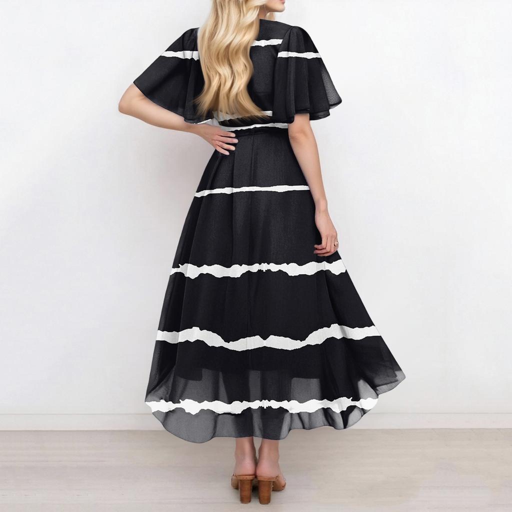 Women's Summer Fashion V-Neck Flared Dress Short Sleeve Striped Geometric Dresses