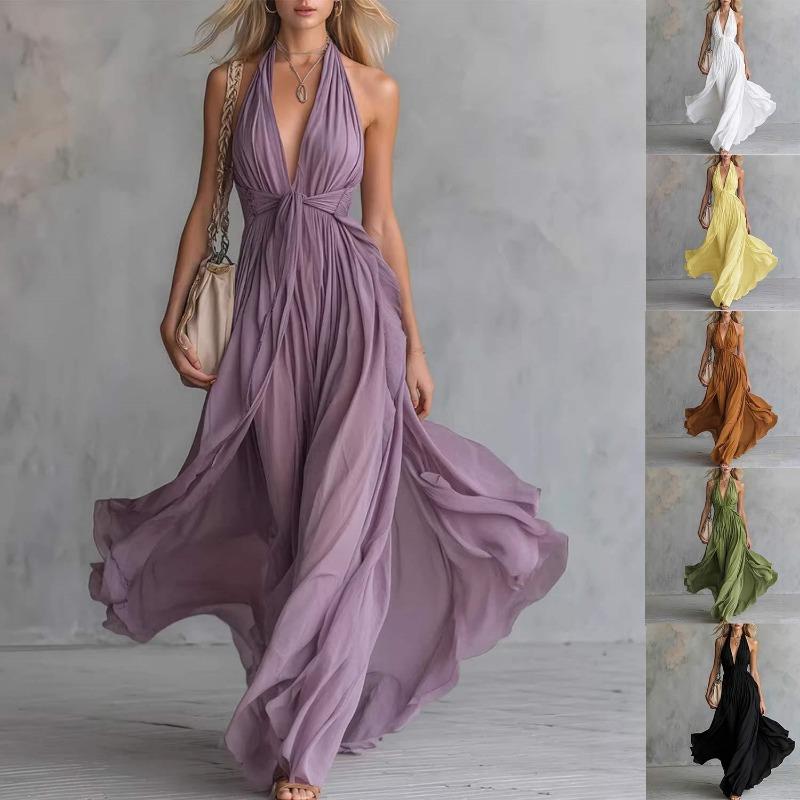Women Sexy Solid Color Deep V Neck Sleeveless Halter Waist Cinched Maxi Dress