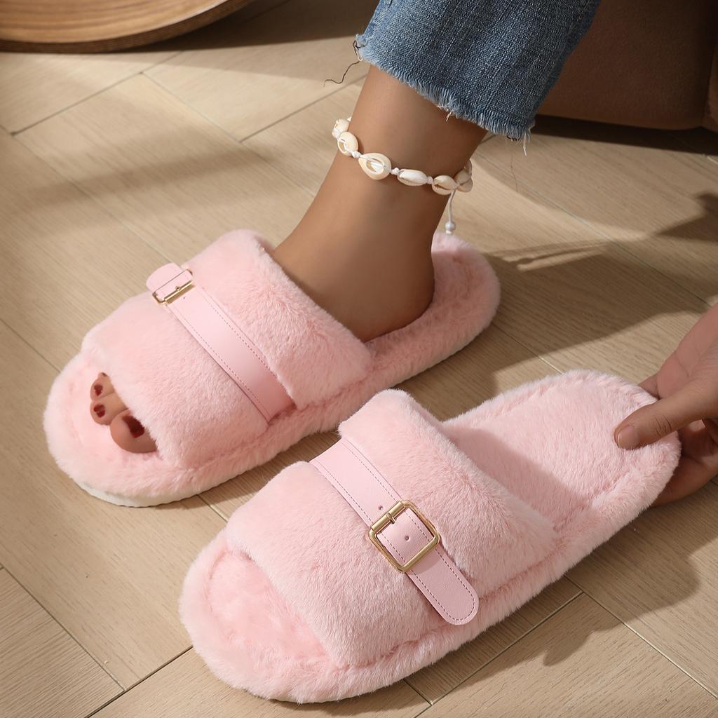 Cozy Furry Slippers for Women, Refined Golden Buckle for Strap Adjustment, Thick Warm Plush Slippers