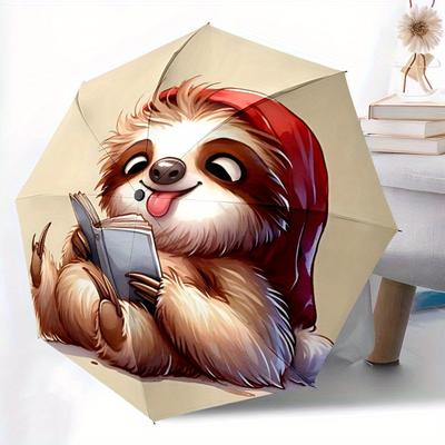 1pc Sloth Reader Automatic Open/Close, Foldable Compact Umbrella with 8-Rib Shaft, Perfect Gift For Men And Women, Casual Style, Vibrant Mot