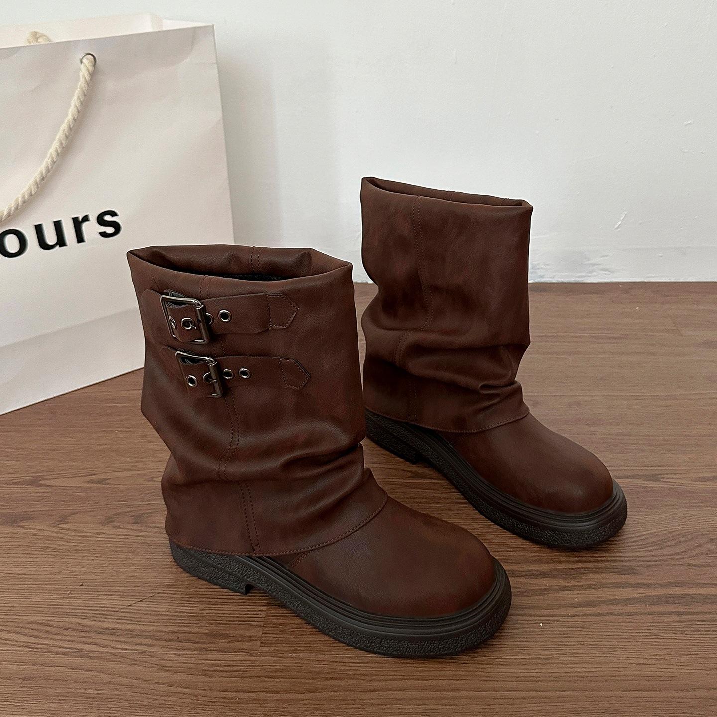 

[Fanfna] Pants Short Boots Women s 2025 Autumn New Medium Tube Pile Boots Thick Heel Skinny Knight Martin Boots 40 коричневый