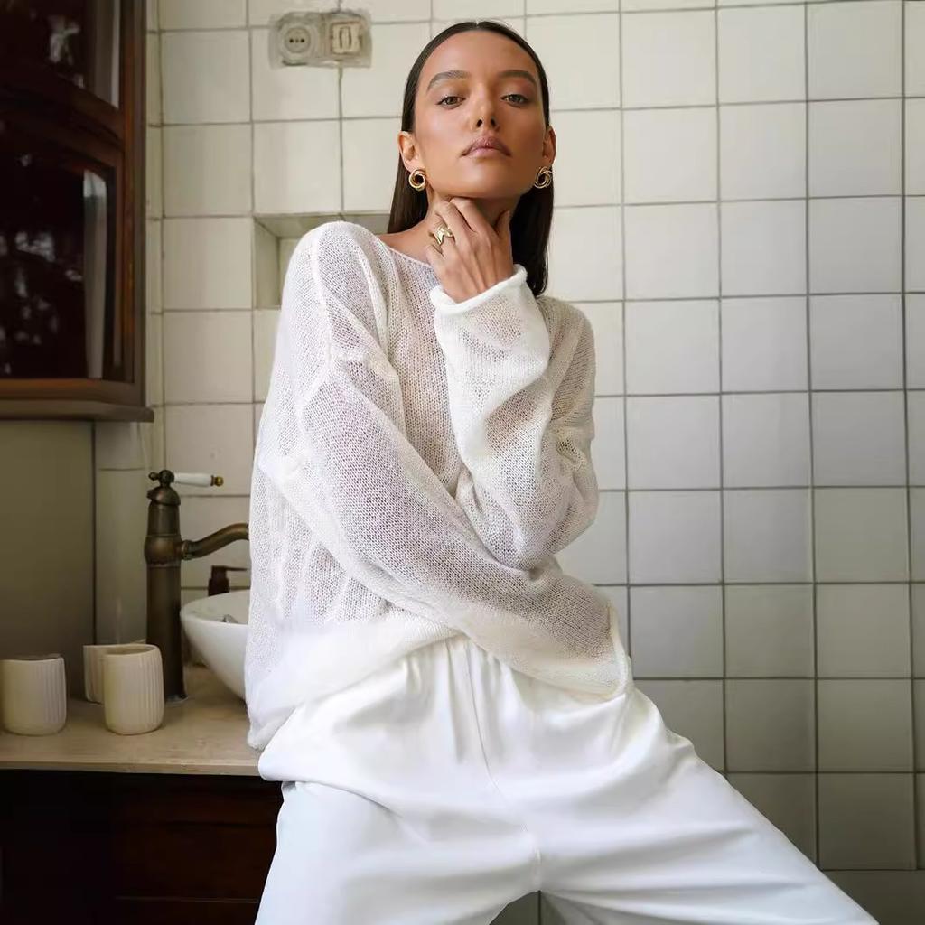 Letní Dámské pletené svetry Lady Hollow Out Síťovaný tenký svetřík Průhledný vzhled Dlouhé rukávy Volné topy Košile na opalování