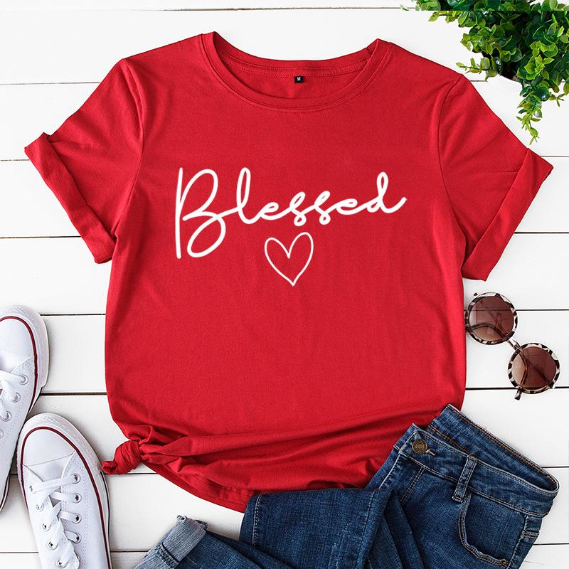 Blessed Letter Cotton T-Shirt Short Sleeve Round Neck Women 2d Print Tops