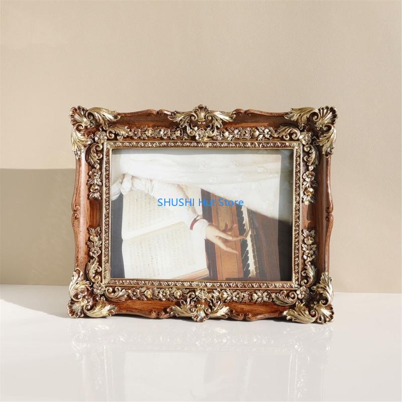 Luxurious Resins Picture Frame Vintage European Designs Flower Carvings Photo Frame for Tabletop Display or Wall Hanging D57B
