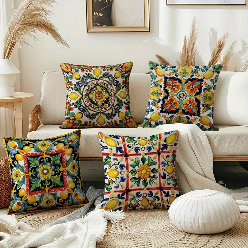 1/4pcs 2D Flat- Bohemian Sicilian Lemon Floral Throw Pillow Cover Home farmhouse outdoor decoration cushion cover