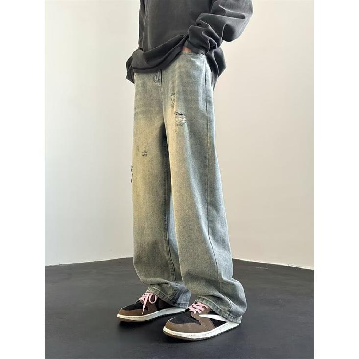 Herren-Jeans im Retro-Stil, gewaschen, Vintage, weites Bein, lockere, gerade Beinform, lässig, vielseitig, lange Hängehose