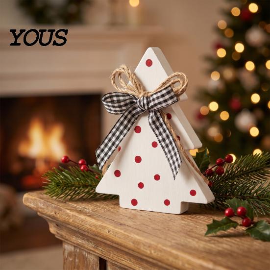 Christmas Table Decorations Tree Wooden Tabletop Sign, Rustic Polka Dot Xmas Tiered Tray Centerpiece Seasonal Home Accents with Bow, Farmhouse Holiday