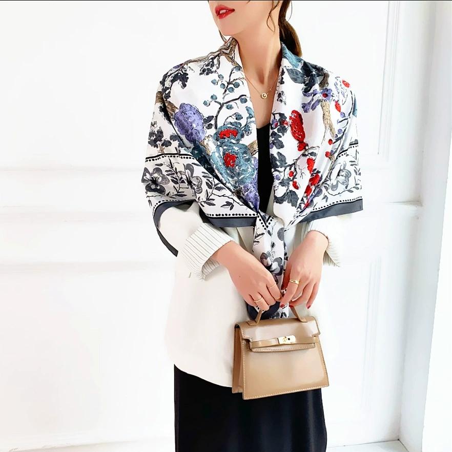 130cm Retro Floral Printing Twill Silk Square Scarf Women Multi-Purpose Shawl Sun Protection Four Season Travel Scarf
