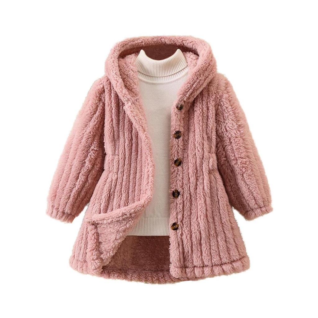 Girls' Fashionable Casual Solid Color Plush Warm Cardigan Long Sleeved Hooded Jacket