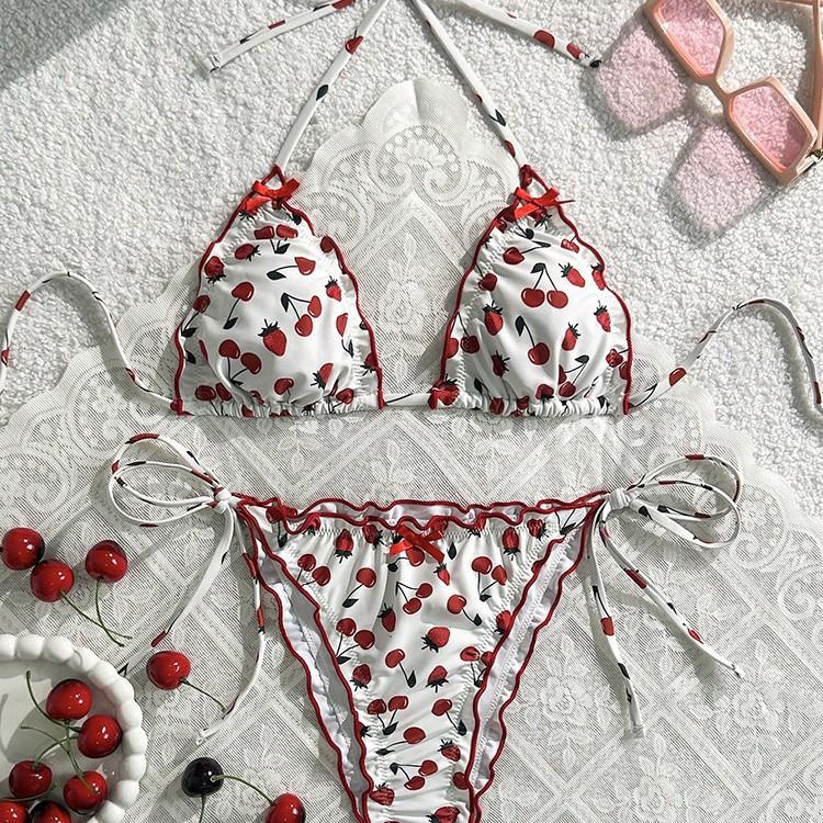TS JYL-BK023 Cherry Print Three-Point Bikini, Tie String Slim Fit Swimwear For Beach Use
