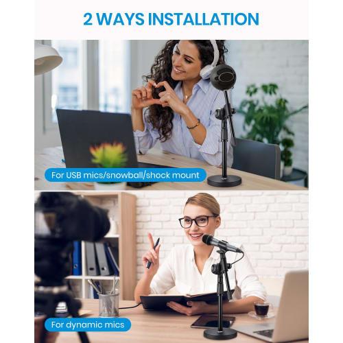 Moukey MMs-5 Desktop Microphone Stand with Geared Boom Arm, 9.5mm & 15.8mm Adapters, 14cm Base Diameter