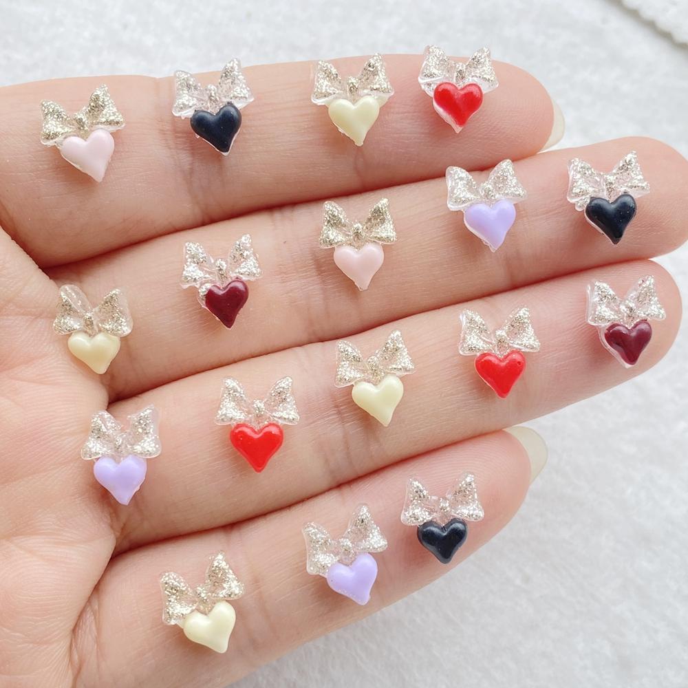 100Pcs Resin 3D Colorful Mini Crystal bow heart-shaped Gems Flatback Figurines Scrapbook Wedding Applique Nail Art Decor Crafts