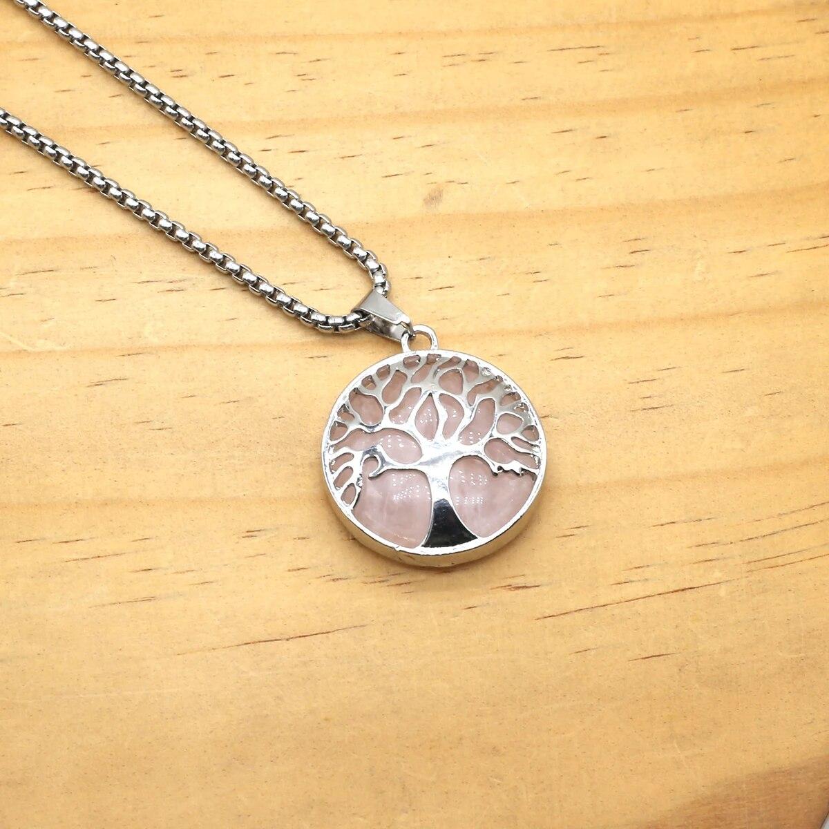 

Ожерелье, кулон из натурального камня, розовый кварц/агат, кулон в виде листа и дерева для женщин и девочек, подарок на день рождения, длина цепочки 60 см 26x30mm