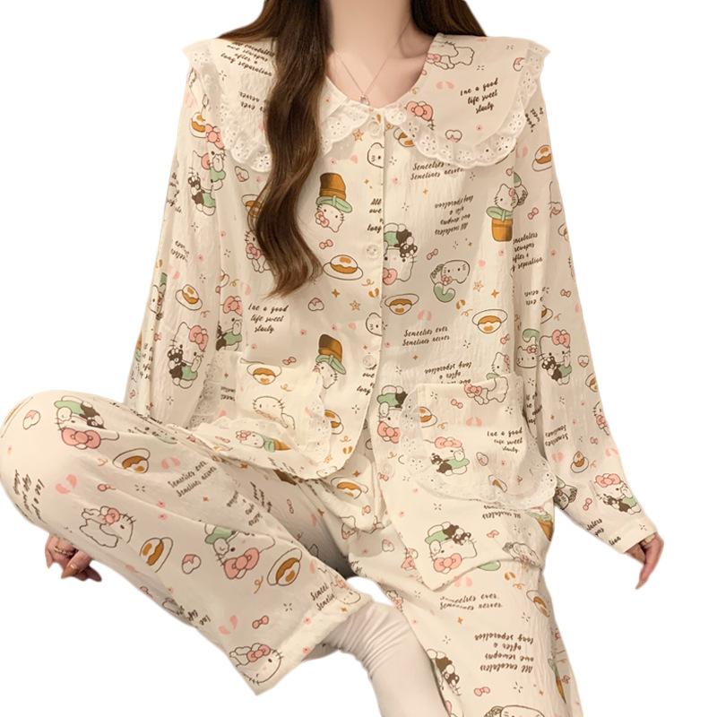 Dessert Cute Lace Doll Collar Pajamas Women'S Spring And Autumn Cloud Cotton Long Sleeves Cute Cartoon Loungewear Set