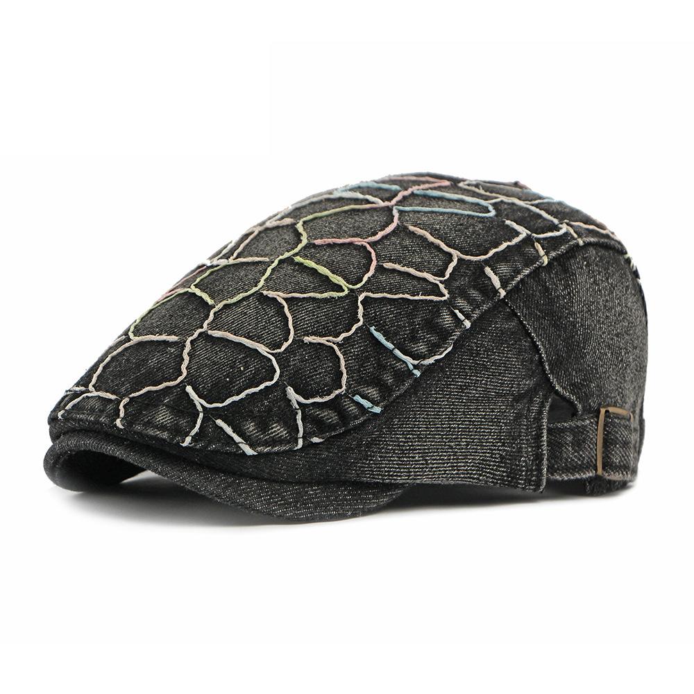 British Vintage Denim Peaked Cap Men Women Color Thread Embroidery Beret