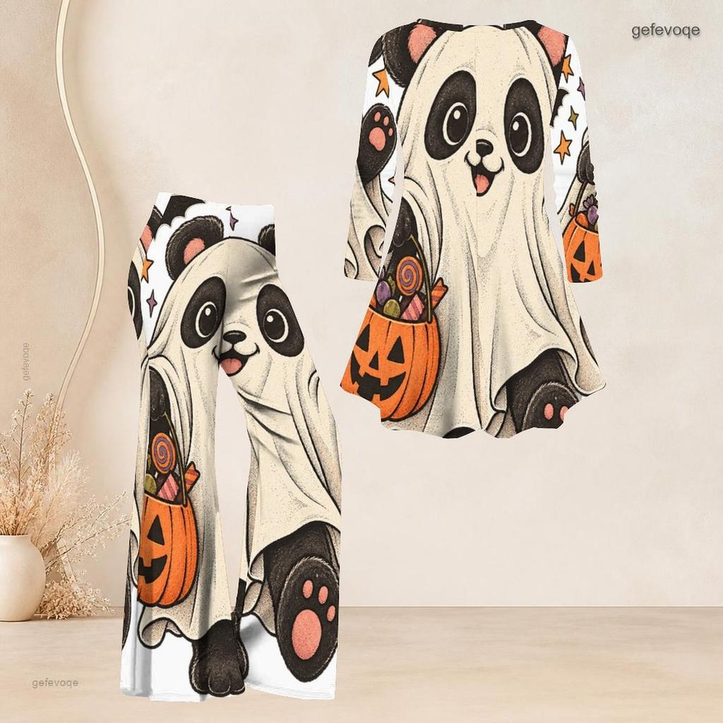 Kadın Plus Beden Yuvarlak Yaka Üç Çeyrek Kol Cadılar Bayramı Panda Hayalet Baskılı Bol Üst ve Bol Pantolon İki Parça Set
