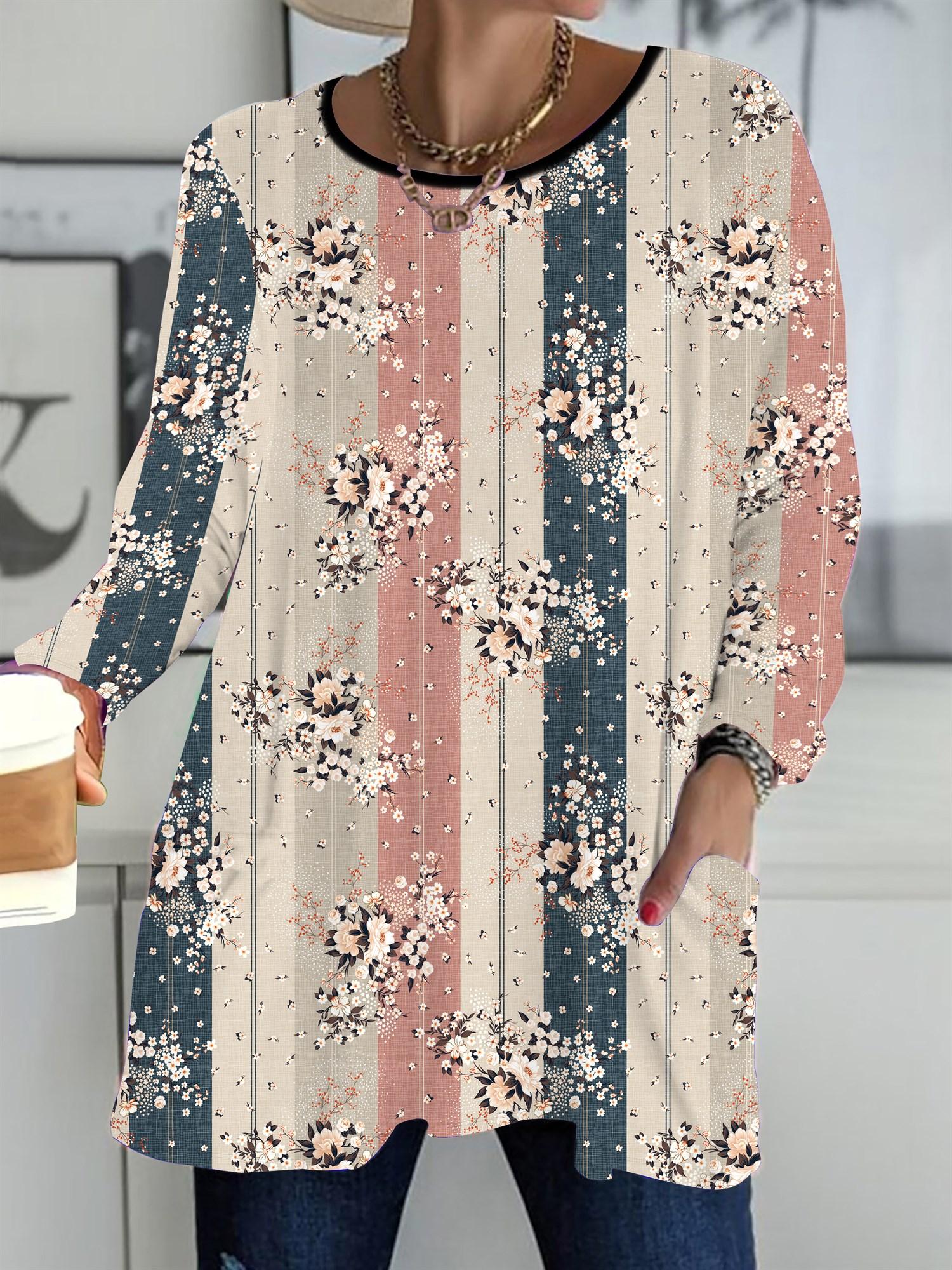 

2025 Autumn Winter New Plus Size Women s Tops, Retro Pattern 3D Print Fashion Crew Neck Long Sleeve T-Shirts 1XL розовый