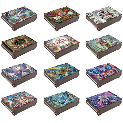 Partial Drill Rhinestones Decorative Storage Box 5D DIY Diamond Art Colored Pattern Wood Case for Home Car Desk Decoration Craft
