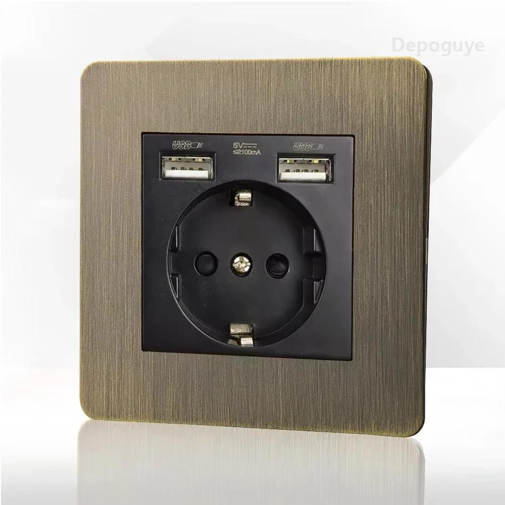 Retro Eu Metal Panel Wall Toggle Light Switch Socket,Bronzed Antique Stainless Steel German 16A Socket with USB Phone Charging