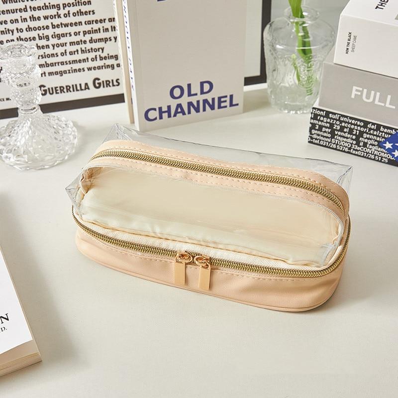 Duża pojemność piórnik dwuwarstwowy przezroczysty widoczny woreczek na pędzle do makijażu Simplicity czarny beżowy kolor torba do przechowywania artykułów piśmienniczych