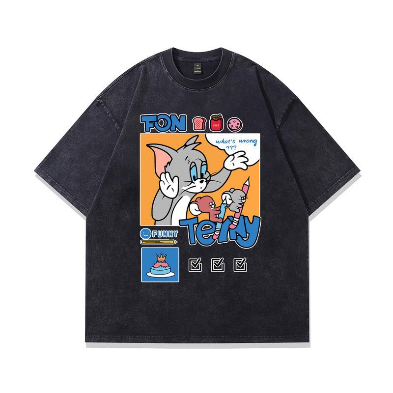 Heavy Cotton Washed Short-Sleeved T-Shirt American Retro Trendy Cartoon Printed Vintage Half-Sleeved Top