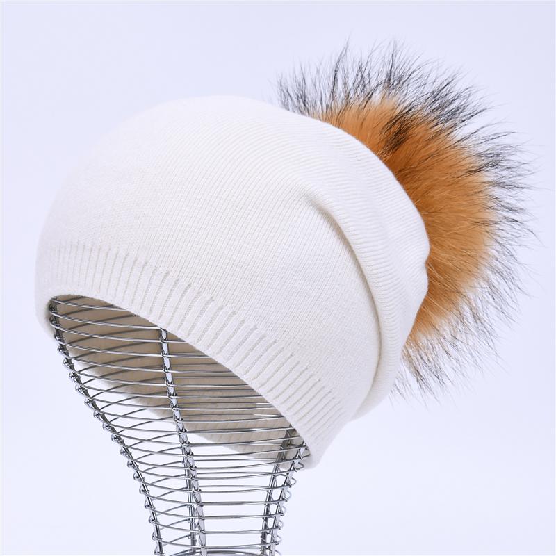Real Raccoon Fur Pom Pom Knitted Hat Women Beanies Cashmere Winter Hat Female Girl Cotton Skullies Wool Beanie Hat