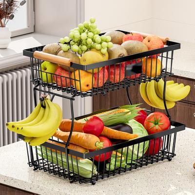 For Fruit Basket Vegetable Basket,Metal Storage Basket With Hook And Wooden Handle,Stackable And Removable Kitchen Storage Rack
