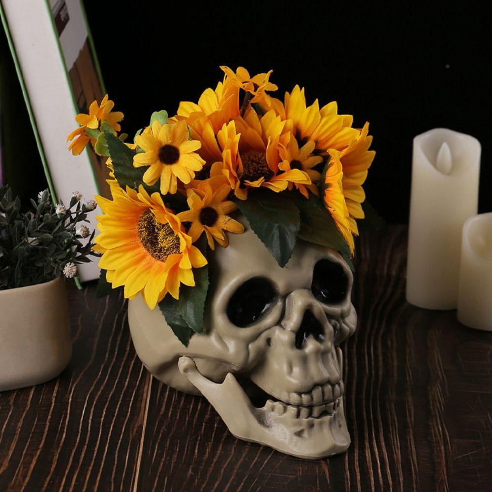 With Flower Sunflower Skull Ornament Plastic Halloween Decoration Prop Skull Statue  Living Room
