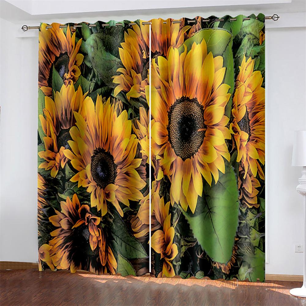 Sunflower Printed Woven Curtains Bedroom Blackout Curtains with Two Independent Curtains On The Left and Right